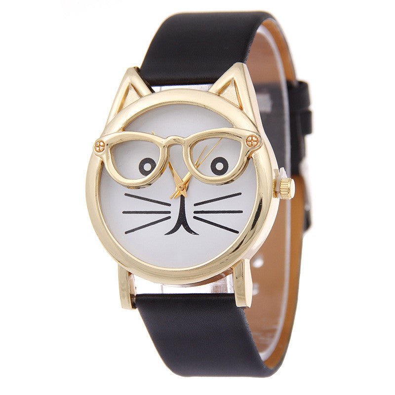 Faith Cat With Glasses Leather Watch - AZVA