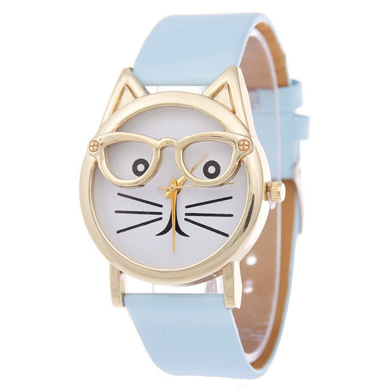 Faith Cat With Glasses Leather Watch - AZVA