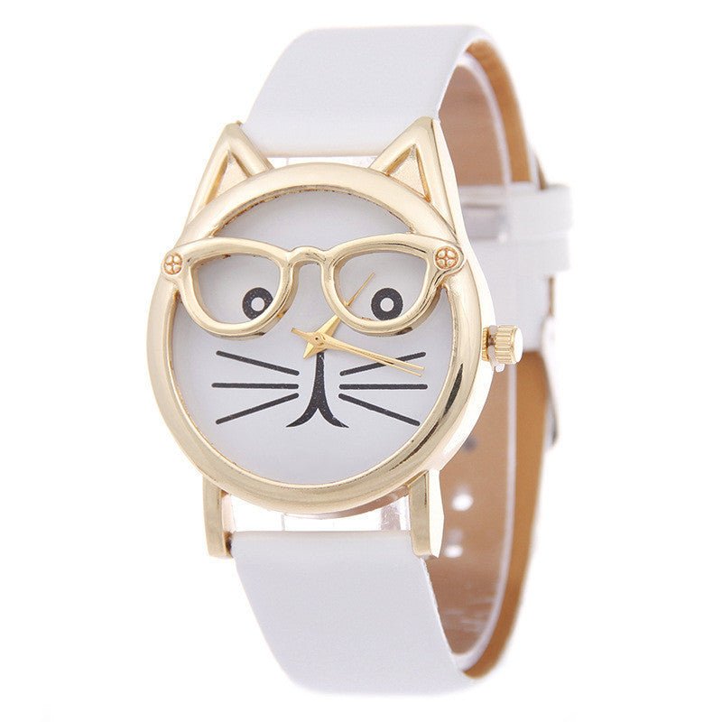 Faith Cat With Glasses Leather Watch - AZVA