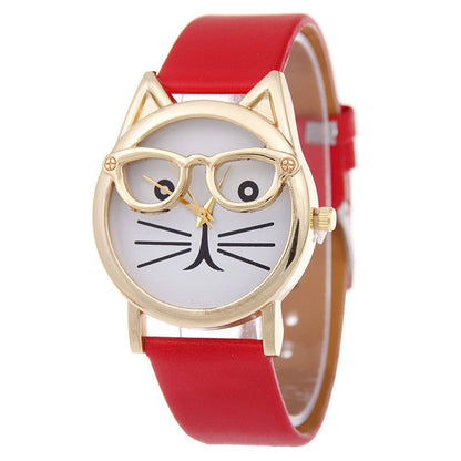 Faith Cat With Glasses Leather Watch - AZVA