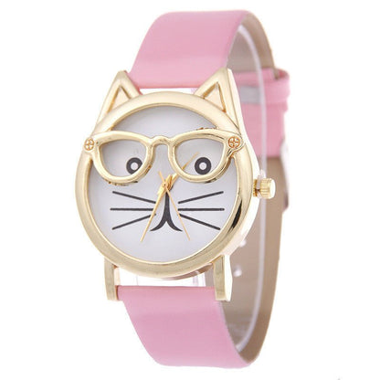 Faith Cat With Glasses Leather Watch - AZVA
