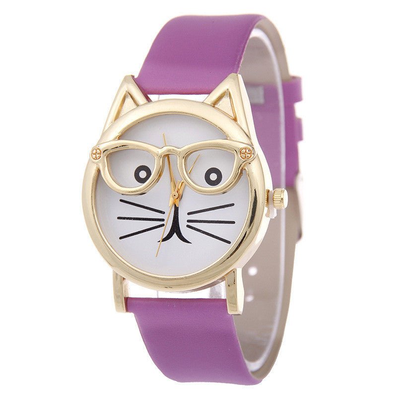 Faith Cat With Glasses Leather Watch - AZVA