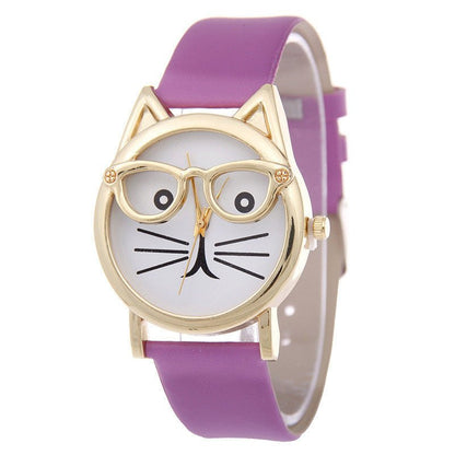 Faith Cat With Glasses Leather Watch - AZVA