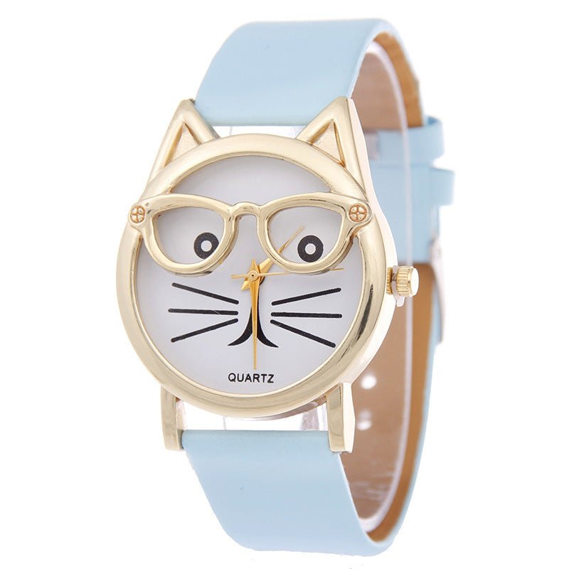 Faith Cat With Glasses Leather Watch - AZVA