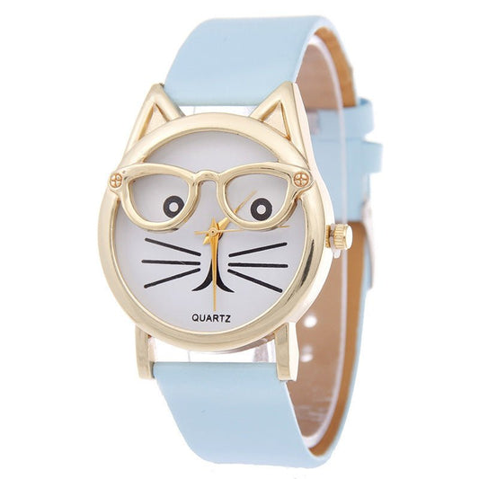 Faith Cat With Glasses Leather Watch - AZVA