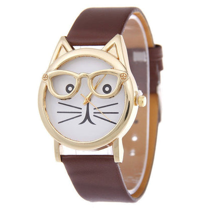 Faith Cat With Glasses Leather Watch - AZVA